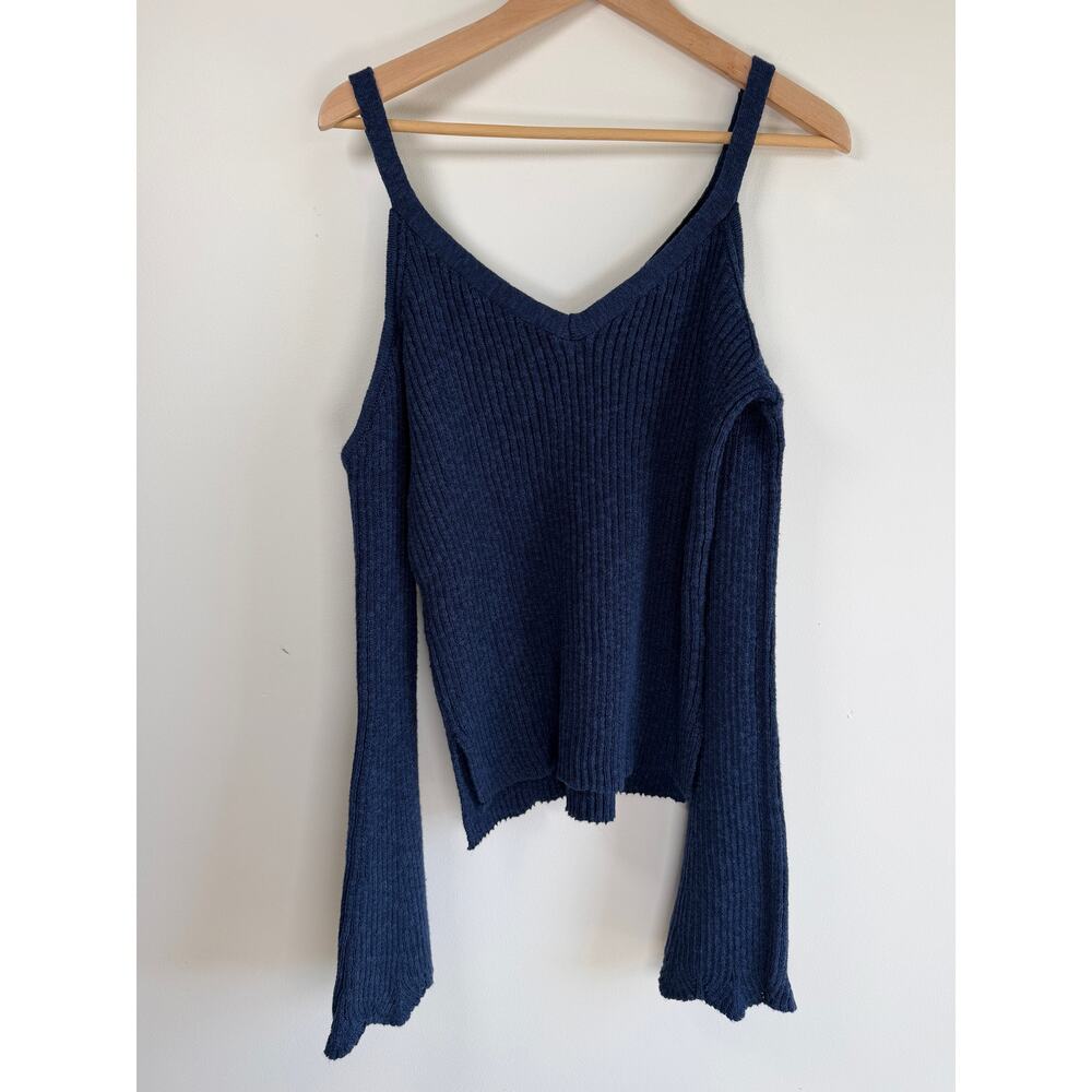Aeropostale Navy Cotton Blend Rib Knit Cold Shoulder Bell Sleeve Sweater Top L